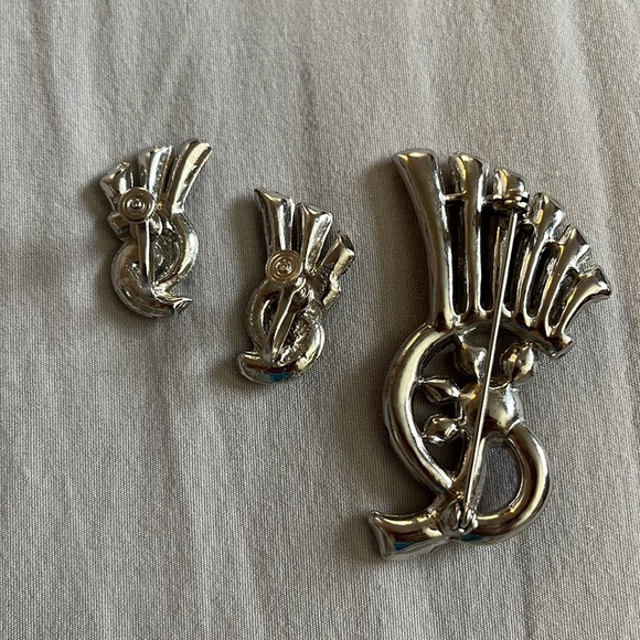 Vintage Ruby Rhinestone Jewelry Set Pin Clip On Earrings MCM Art Deco Brooch Mod - Picture 9 of 9